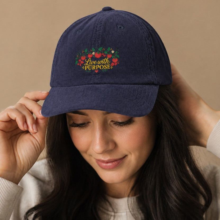 Woman wearing a navy blue baseball cap with colorful boho floral embroidery and 'Live with Purpose' motivational phrase, cozy indoor setting, floral lovers and inspirational style, by Crossroads Dandelion