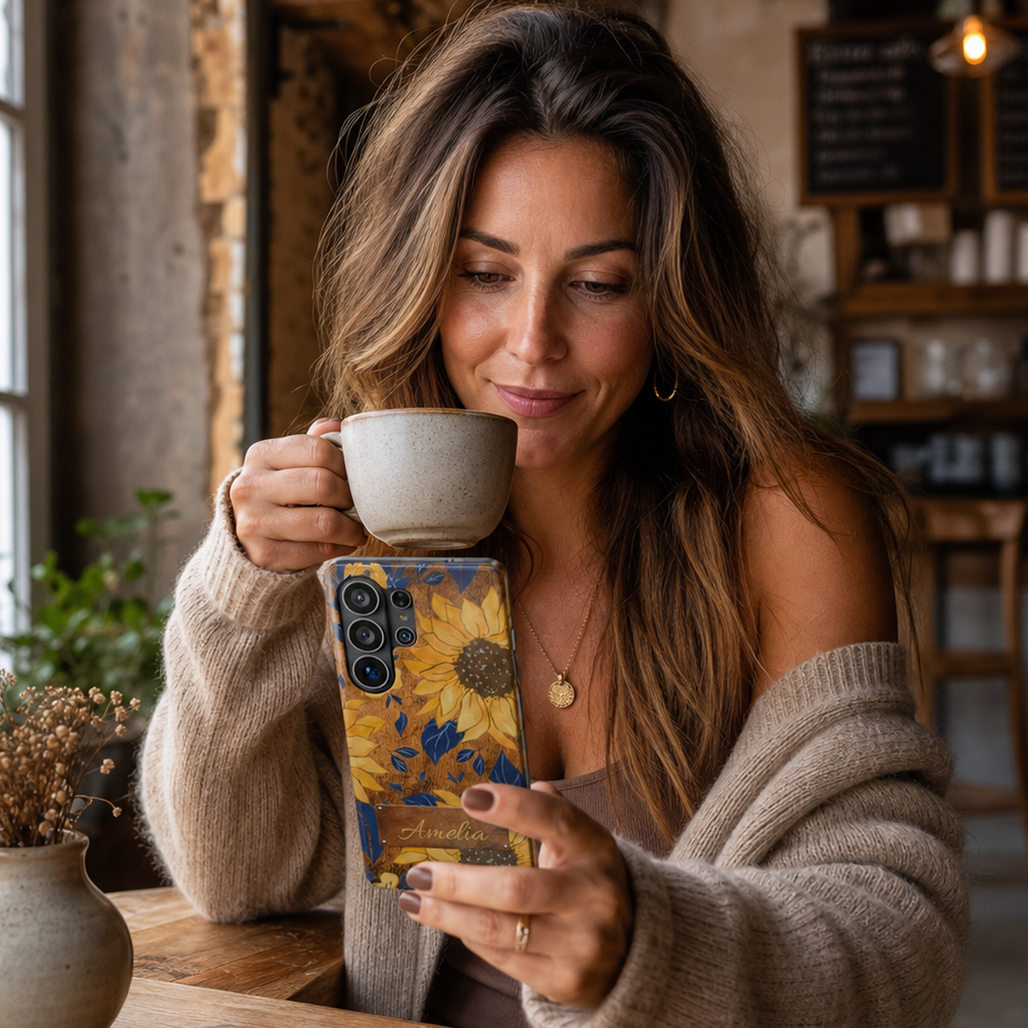 Trendy woman in a cozy rustic café holding a Samsung Galaxy S26 Ultra with a boho watercolor sunflower and blue floral phone case design, perfect for stylish women who love nature-inspired accessories, by Crossroads Dandelion