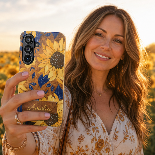 Woman in a sunflower field at sunset holding a Samsung Galaxy S26 Plus phone case with a vibrant boho sunflower and blue leaf design, for floral lovers and women who enjoy stylish accessories, by Crossroads Dandelion