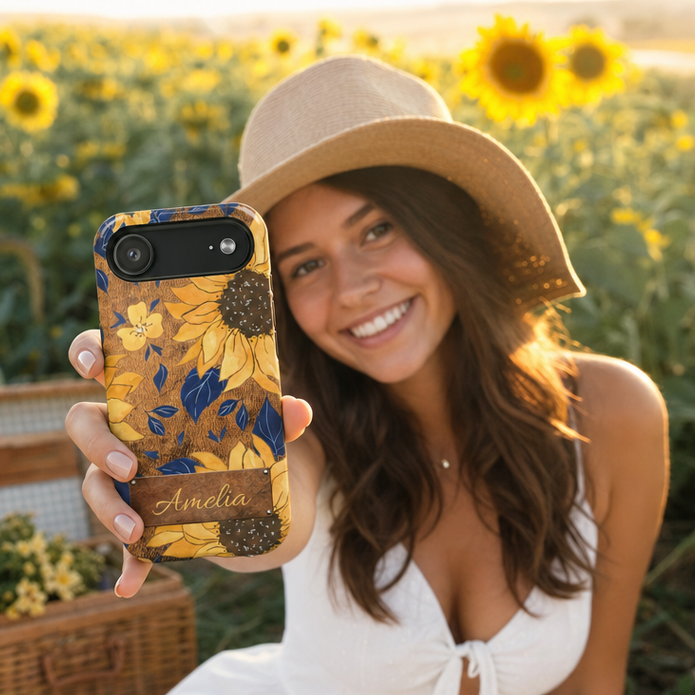 Woman in white sundress holding a yellow boho sunflower iPhone 17 phone case with custom name, enjoying a summer picnic in a sunflower field, feminine gift, by Crossroads Dandelion
