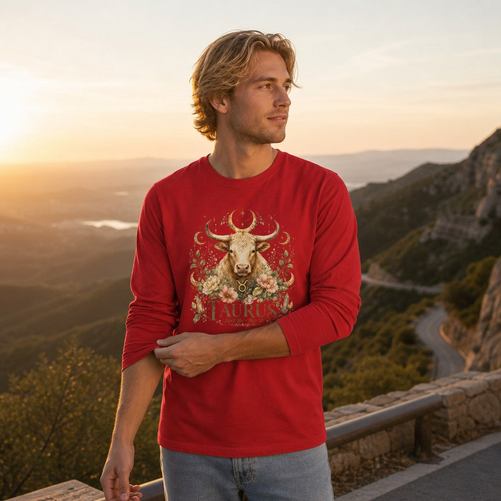 Man wearing red long sleeve t-shirt with a boho Taurus bull, moon, and stars zodiac design, standing on a mountain road at sunset, perfect for astrology lovers, by Crossroads Dandelion