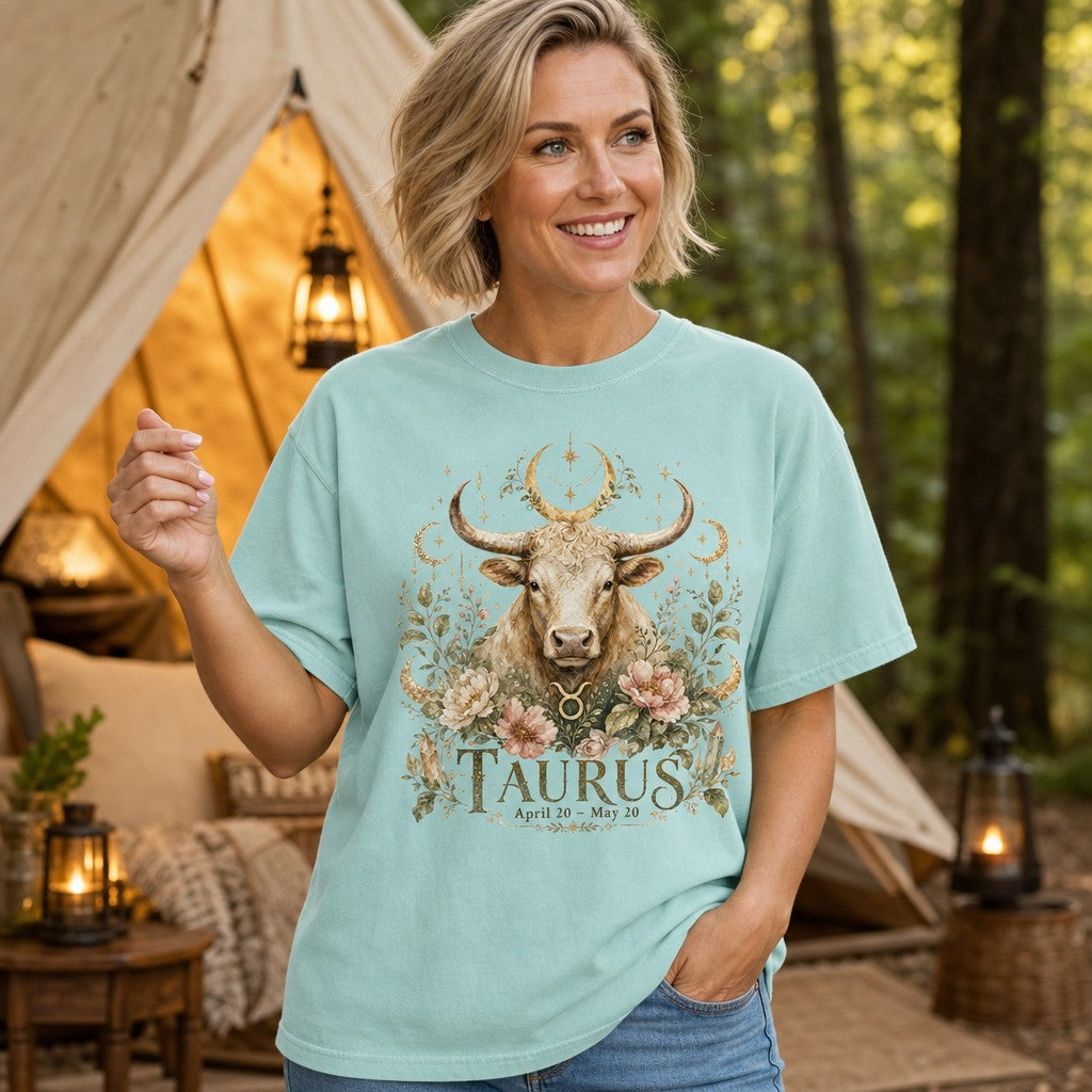 Woman wearing a chalky mint Comfort Colors 1717 t-shirt with a hand-painted boho Taurus bull, golden crescent moons, lush florals, and sparkling celestial stars design, vintage botanical and mystical style, camping in the woods, perfect for astrology lovers, by Crossroads Dandelion