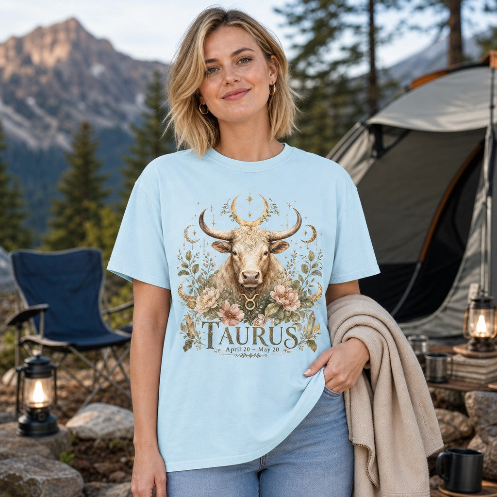 Woman wearing chambray Comfort Colors 1717 t-shirt with hand-painted boho bull, golden crescent moons, lush florals, and celestial stars, vintage mystical Taurus design, camping in pine forest, perfect for astrology lovers, by Crossroads Dandelion