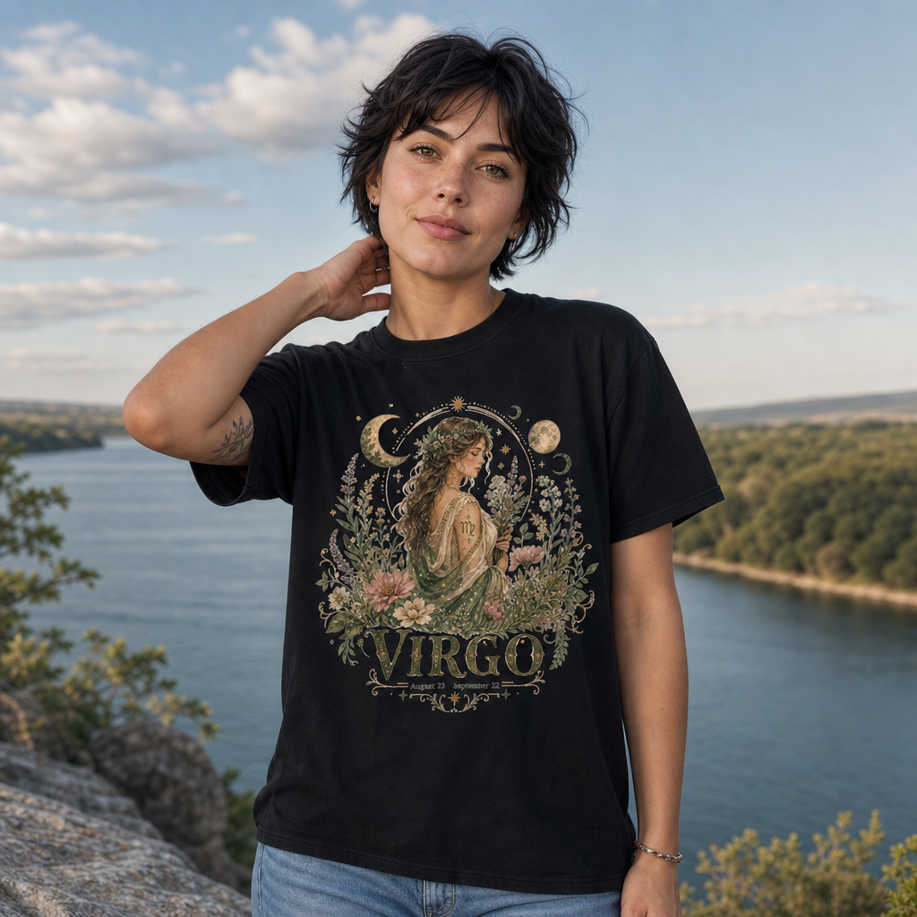 Woman in black Comfort Colors 1717 t-shirt featuring a watercolor boho Virgo zodiac design with an ethereal woman, wildflowers, moons, and stars, mystical fantasy aesthetic, outdoors by a lake, perfect for astrology enthusiasts and nature lovers, by Crossroads Dandelion
