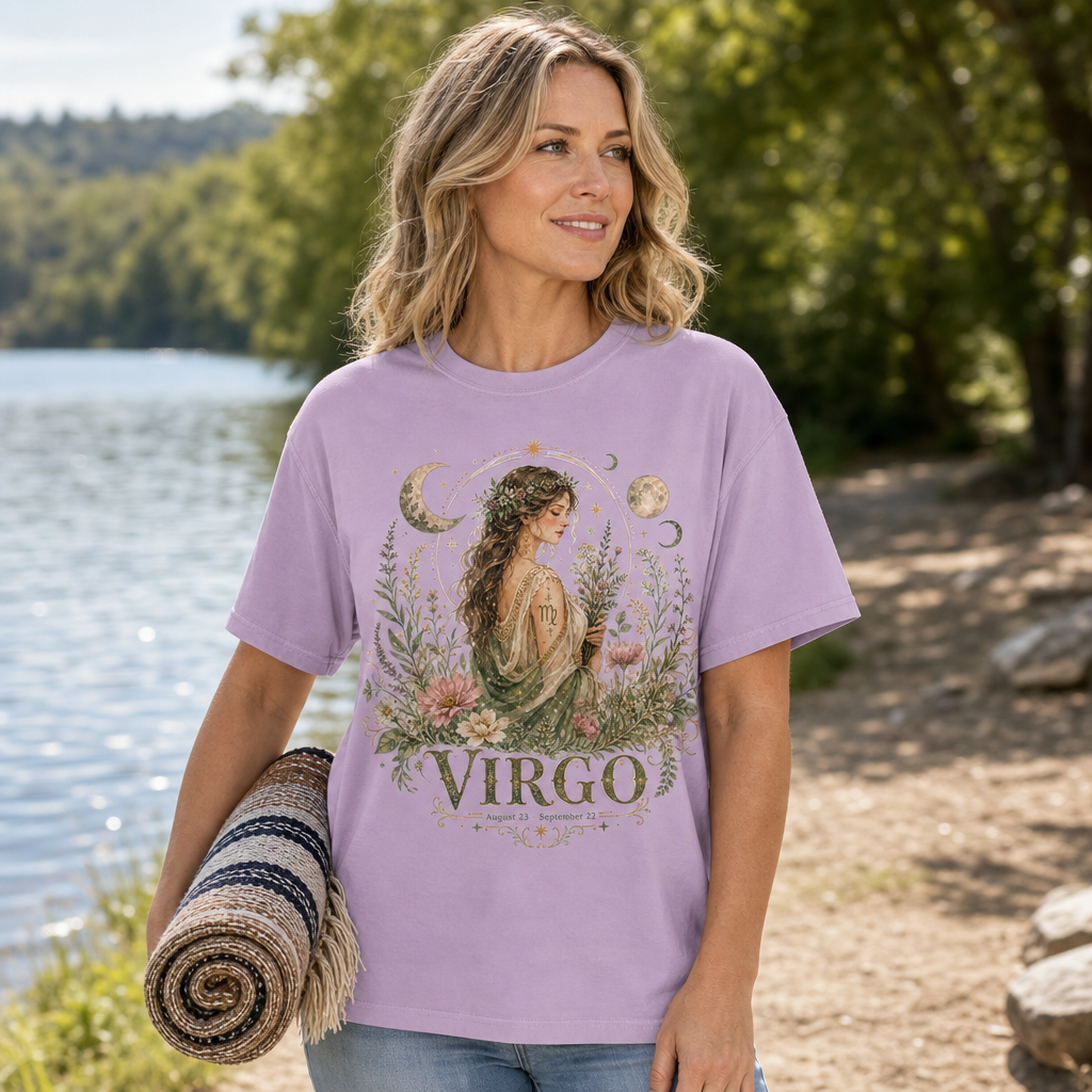 Woman in orchid Comfort Colors 1717 t-shirt featuring a watercolor bohemian Virgo zodiac design with an ethereal woman, floral crown, wildflowers, celestial moons and stars, nature scene by a lake, for astrology and fantasy art lovers, by Crossroads Dandelion