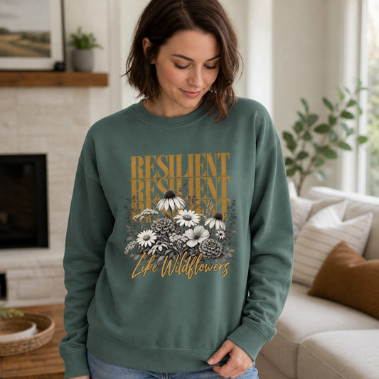 Woman wearing a blue spruce Comfort Colors 1566 sweatshirt with a vintage boho wildflower bouquet and layered 'RESILIENT' ochre text, script reads 'Like Wildflowers', cozy living room scene, nature-lovers, empowering botanical apparel for women, by Crossroads Dandelion