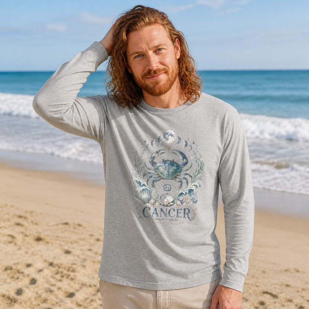 Red-haired man wearing an athletic heather long sleeve Bella Canvas 3501 featuring a watercolor celestial crab, ocean waves, pearls, seashells, and Cancer zodiac symbols, beach setting, coastal astrology lovers, by Crossroads Dandelion