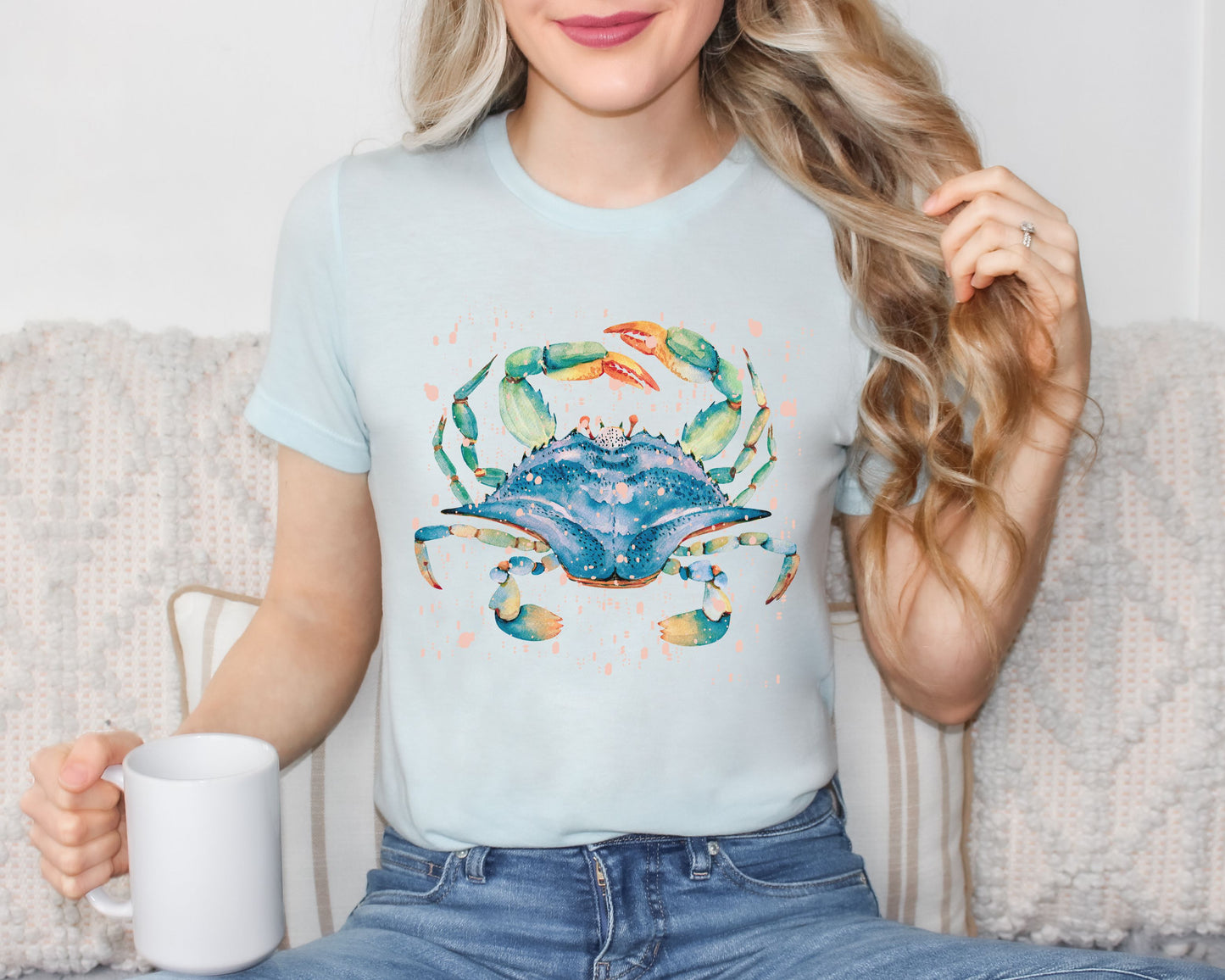 Heather ice blue coastal shirt with delicate watercolor blue crab illustration