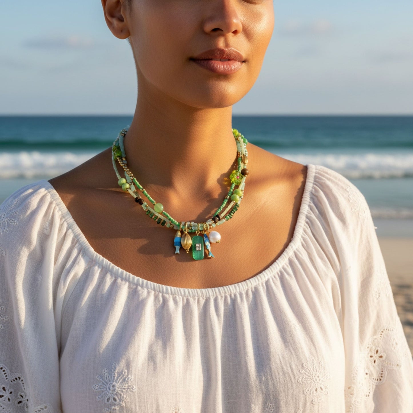 Woman wearing a colorful beaded fish charm necklace on a beach by Crossroads Dandelion