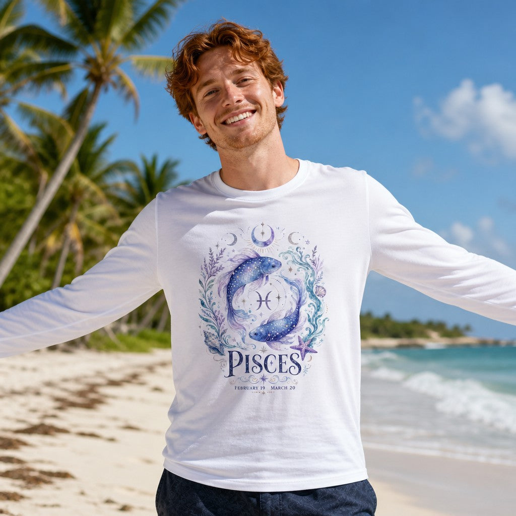 Man on tropical beach wearing a white Bella Canvas 3501 long sleeve shirt with a coastal watercolor Pisces design featuring two luminous koi fish, violet florals, crescent moons, swirling sea foliage, and stardust, ethereal and poetic for astrology lovers, by Crossroads Dandelion