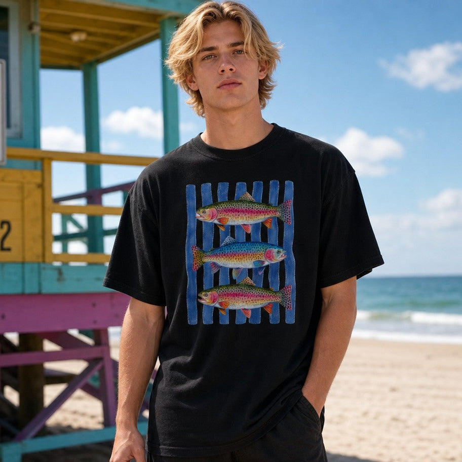 Man wearing black Comfort Colors 1717 t-shirt with hand-painted watercolor rainbow trout and blue rippling stripes design, relaxed on a sunny beach, coastal vibe, ideal for fishing enthusiasts and nature lovers, by Crossroads Dandelion