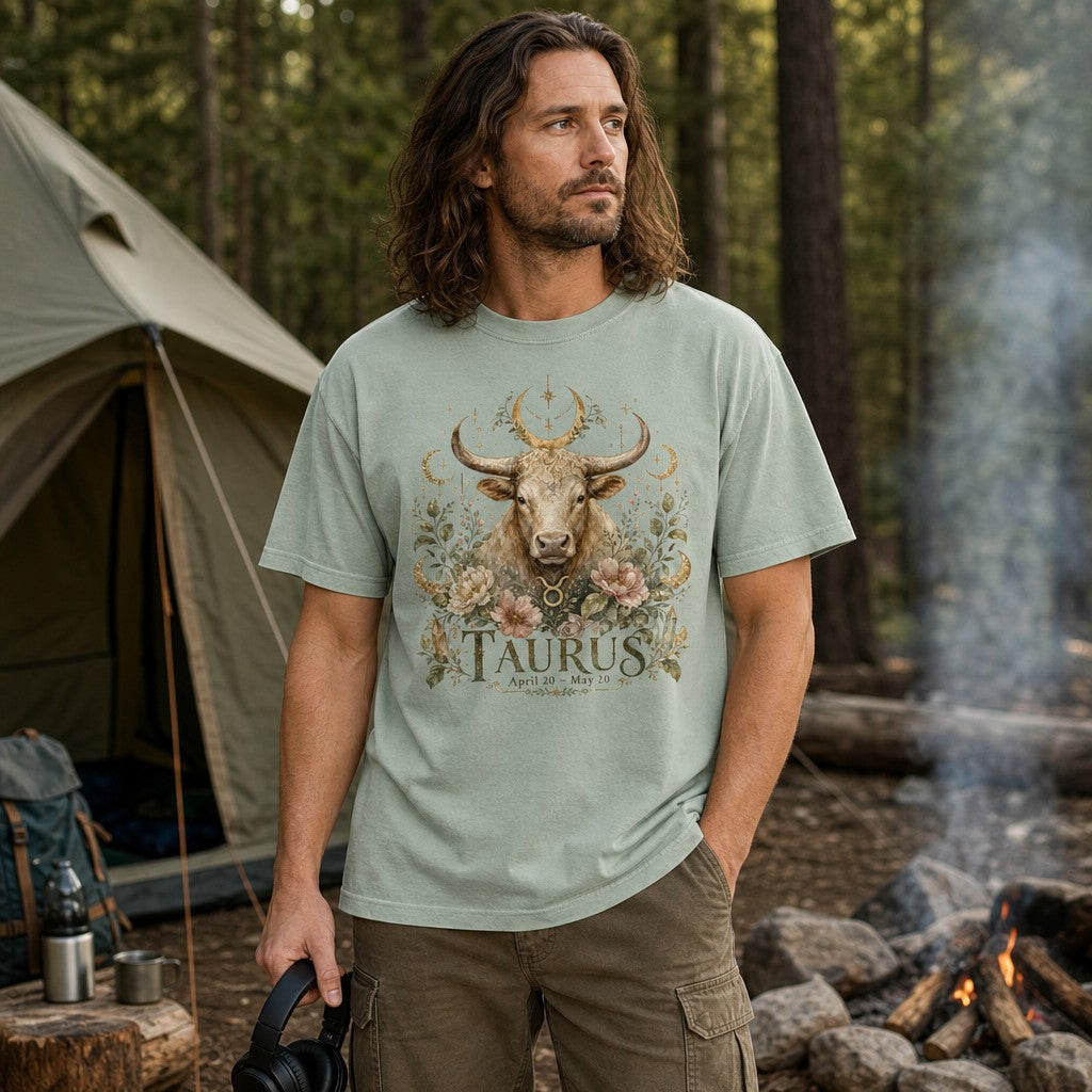 Man in bay green Comfort Colors 1717 t-shirt featuring a hand-painted boho Taurus bull with golden crescent moons, lush florals, and celestial stars in a dreamy vintage style, camping in a pine forest, mystical zodiac outdoor apparel for men, by Crossroads Dandelion