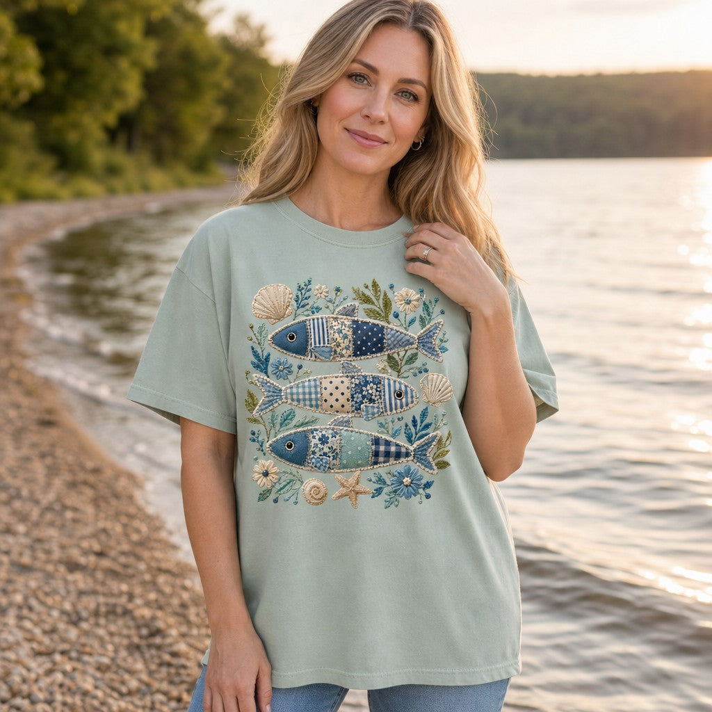 Woman wearing a Comfort Colors 1717 bay t-shirt with a cottagecore and coastal-inspired design featuring three blue and cream patchwork fish amid embroidered shells, sea botanicals, and floral folk art, by a scenic lakeshore, perfect for women and nature lovers seeking vintage seaside charm, by Crossroads Dandelion