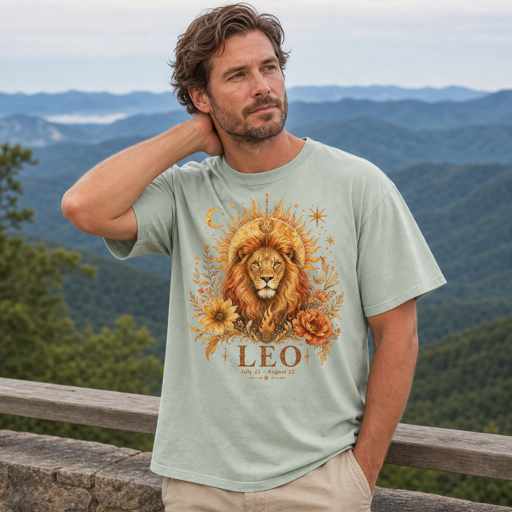 Man wearing Comfort Colors 1717 t-shirt in bay green with vintage ethereal Leo zodiac lion design featuring sun, moon, stars, and autumnal flowers, mystical astrology print for zodiac enthusiasts, mountain overlook setting, by Crossroads Dandelion