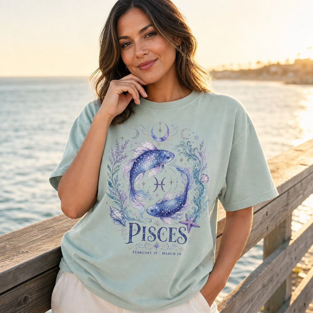 Woman wearing bay green Comfort Colors 1717 t-shirt with watercolor celestial koi fish Pisces astrology design in blue and lavender, standing by the ocean on a pier, perfect for mystical astrology lovers, by Crossroads Dandelion