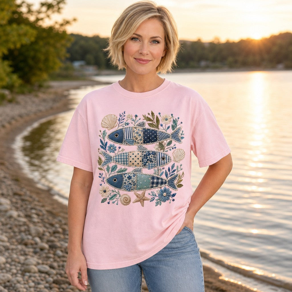 Woman standing by a lakeside in a blossom pink Comfort Colors 1717 t-shirt featuring a whimsical cottagecore and coastal patchwork sardine fish design with embroidered shells, flowers, and botanicals, perfect for artful nature lovers and creative women, by Crossroads Dandelion