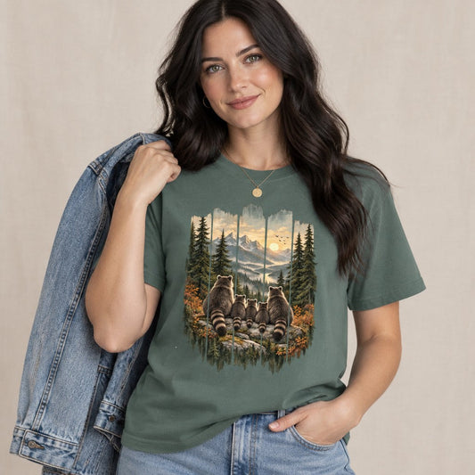 Woman wearing a Comfort Colors® 1717 t-shirt in blue spruce featuring a painterly folk-art illustration of a raccoon family sitting on a rocky outcrop, gazing over an autumn mountain valley with rust and gold foliage, snow-capped peaks, and birds at sunrise, rustic woodcut pallet-art style, nature lovers and outdoor families, by Crossroads Dandelion