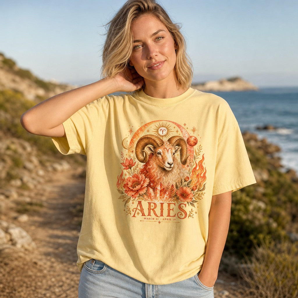 Woman wearing a butter yellow Comfort Colors 1717 t-shirt with a vivid boho Aries ram design surrounded by fiery florals, cosmic moons, crystals, and stars, standing on a coastal path, astrology lovers apparel, by Crossroads Dandelion