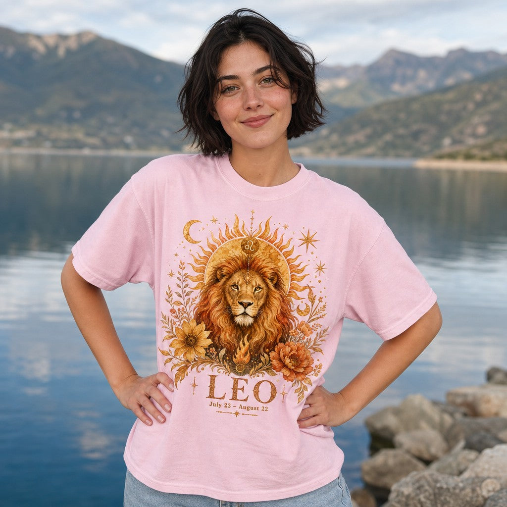Woman in blossom pink Comfort Colors 1717 t-shirt featuring a mystical boho Leo zodiac lion portrait with blazing sun, gold cosmic stars and moons, sunflowers, and peonies in warm watercolor, by a mountain lake, astrology lovers, by Crossroads Dandelion