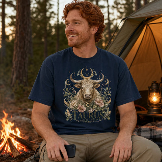 Man in navy Comfort Colors 1717 t-shirt featuring a hand-painted boho Taurus bull adorned with golden crescent moons, lush florals, and celestial stars in a vintage-inspired mystical motif, camping by a fire in a pine forest, astrology lovers, by Crossroads Dandelion