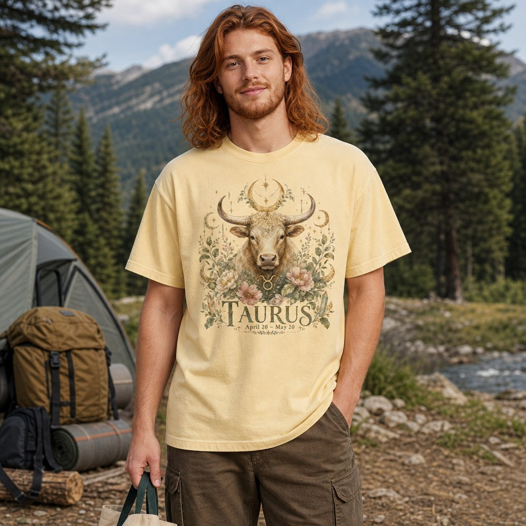 Man in butter yellow Comfort Colors 1717 t-shirt featuring a hand-painted boho Taurus bull design with golden crescent moons, lush florals, and celestial stars, vintage mystical zodiac motif, camping in a pine forest, outdoor astrology lovers, by Crossroads Dandelion