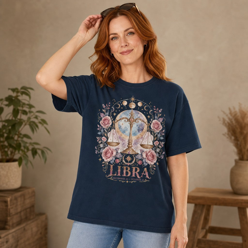 Woman wearing navy Comfort Colors 1717 t-shirt featuring a boho watercolor mystical Libra scales design with pink roses, crescent moons, golden stars, and celestial elements, perfect for free-spirited astrology lovers, indoor casual scene, by Crossroads Dandelion