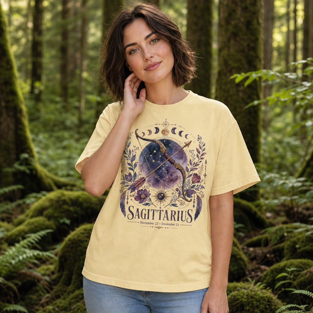 Woman in butter yellow Comfort Colors 1717 t-shirt featuring a dreamy watercolor Sagittarius design with a golden bow and arrow, starry galaxy, lunar phases, and lush purple florals, in a forest setting, astrology gift for women, by Crossroads Dandelion