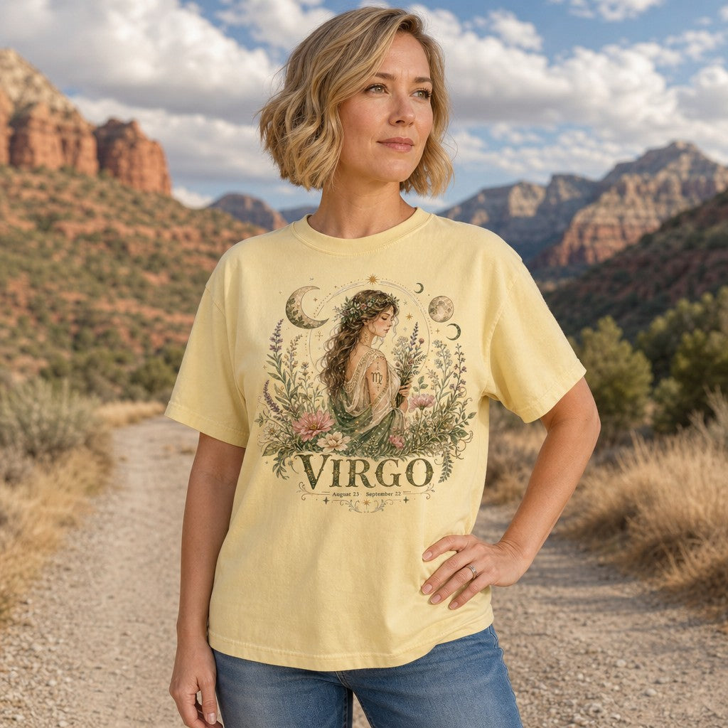 Woman in butter Comfort Colors 1717 t-shirt featuring a whimsical boho Virgo goddess adorned with wildflowers, moons, stars, and botanical elements in soft earth tones, standing on a desert mountain trail, mystical zodiac design for astrology lovers, by Crossroads Dandelion