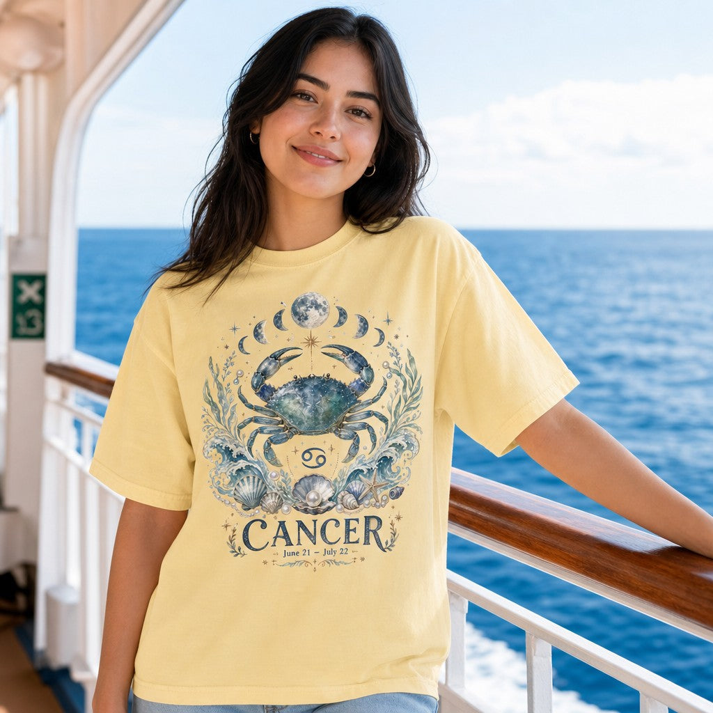 Woman wearing a butter yellow Comfort Colors 1717 t-shirt featuring a whimsical, hand-painted Cancer zodiac design with a celestial crab, lunar phases, ocean waves, seashells, and pearls in mystical watercolor tones, coastal setting on a ship, perfect for astrology lovers, by Crossroads Dandelion