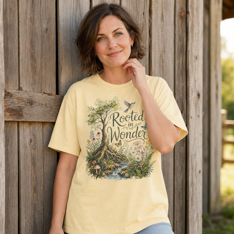 Woman wearing butter yellow Comfort Colors 1717 t-shirt with whimsical watercolor illustration of a flourishing tree, wildflowers, mushrooms, butterflies, and birds, vintage botanical cottagecore design, rustic barn background, perfect for plant lovers, by Crossroads Dandelion