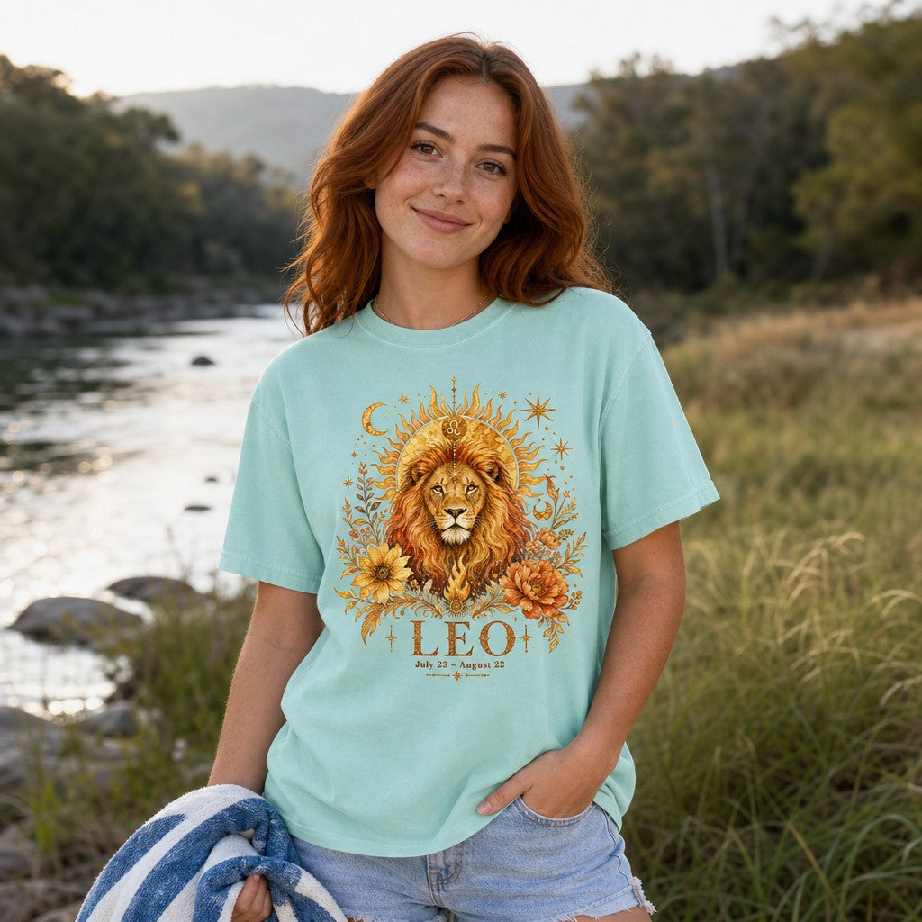 Woman wearing a chalky mint Comfort Colors 1717 t-shirt with a boho watercolor Leo lion design crowned by a sun, Leo symbol, cosmic stars, crescent moons, sunflowers, and peonies, outdoors by a riverside, mystical astrology shirt for women, by Crossroads Dandelion