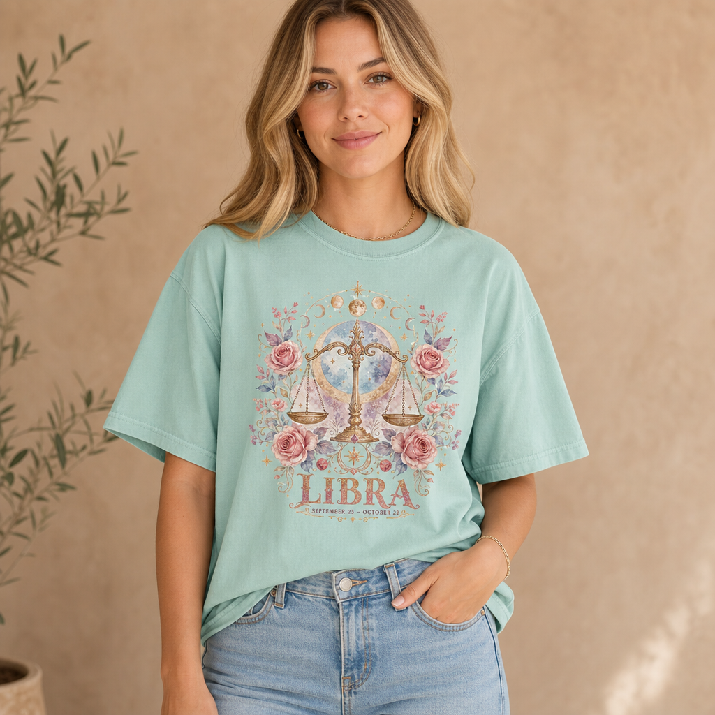 Woman wearing a chalky mint Comfort Colors 1717 t-shirt featuring a whimsical watercolor Libra zodiac design with golden scales, pink roses, pastel celestial elements, dreamy astrology-inspired floral details, casual indoor setting, spiritual feminine fashion for women, by Crossroads Dandelion