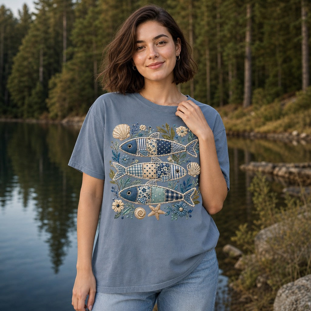 Woman wearing a blue jean Comfort Colors 1717 t-shirt with a cottagecore coastal design featuring three patchwork sardine fish, embroidered shells, flowers, and leafy sea botanicals, vintage folk art nostalgia, lakeside forest scene, for creative nature lovers and women, by Crossroads Dandelion