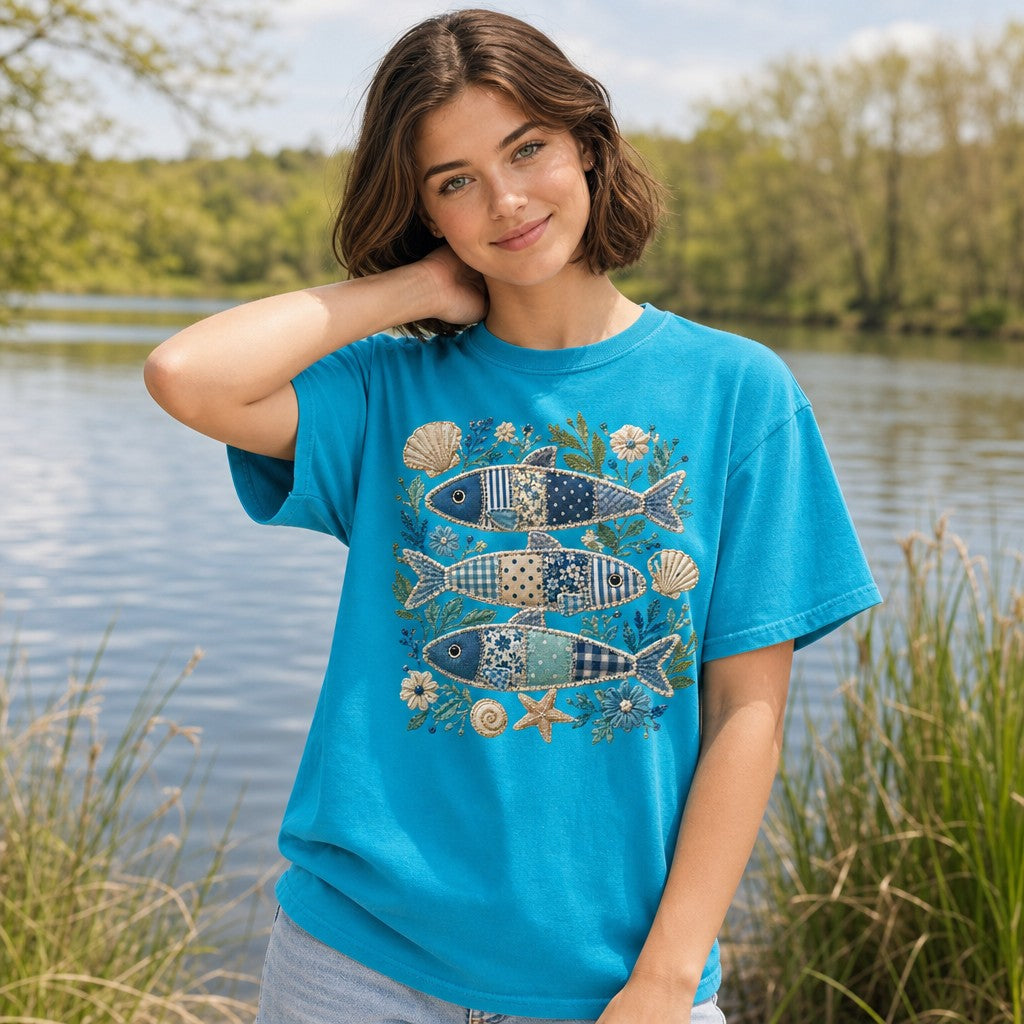 Woman wearing a sapphire Comfort Colors t-shirt featuring a cottagecore coastal design with three patchwork sardine fish, embroidered shells, flowers, and leafy sea botanicals, near a lake, perfect for creative nature-loving women, by Crossroads Dandelion