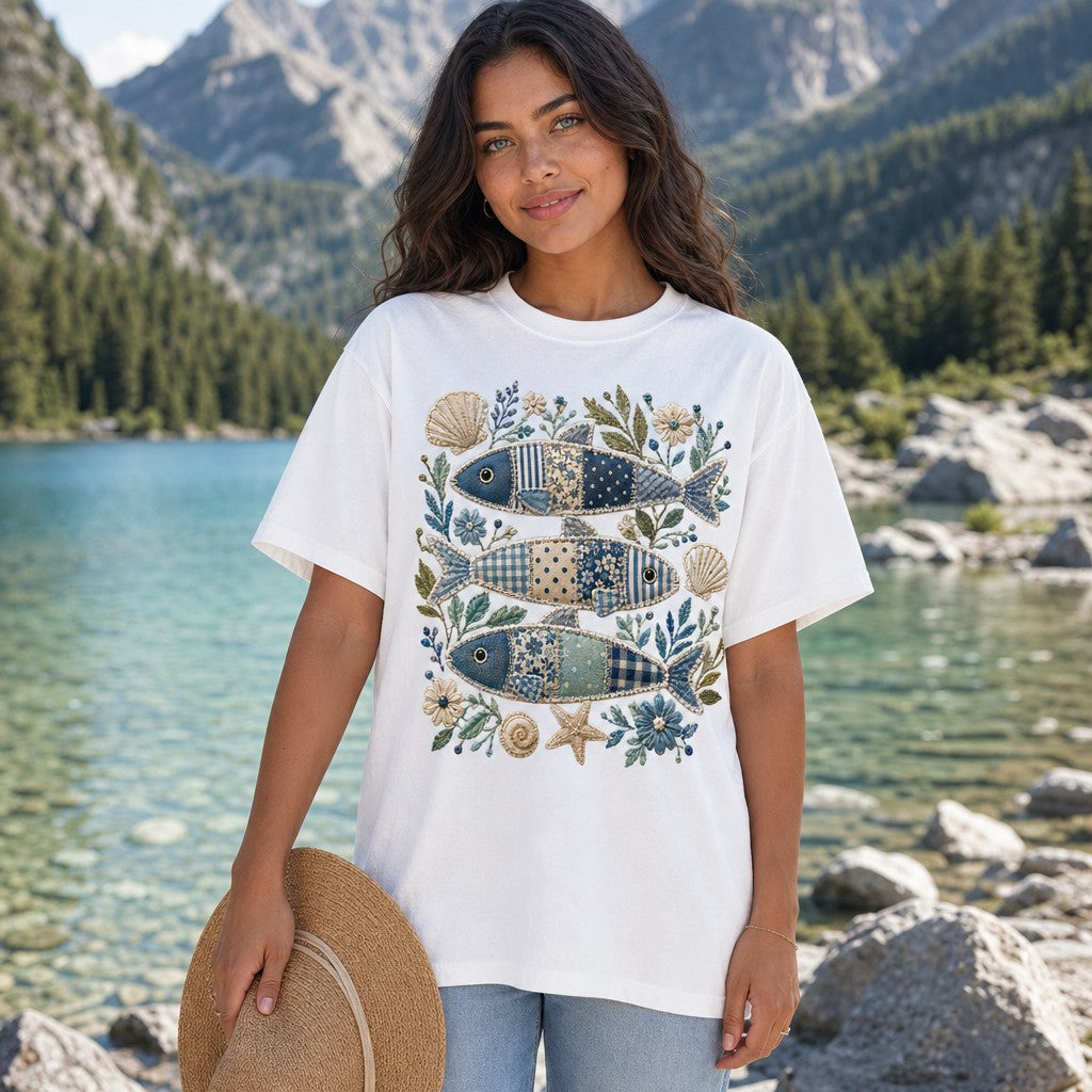 Woman in a white Comfort Colors 1717 t-shirt featuring a cottagecore coastal design of three patchwork sardine fish surrounded by embroidered shells, flowers, and botanicals, standing by a mountain lake, cozy vintage folk art style for creative nature-loving women, by Crossroads Dandelion