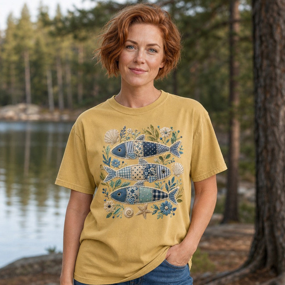 Woman wearing mustard Comfort Colors 1717 t-shirt with cottagecore coastal patchwork sardine fish and vintage folk art floral design, standing by a lakeside pine forest, perfect for creative nature-loving women, by Crossroads Dandelion