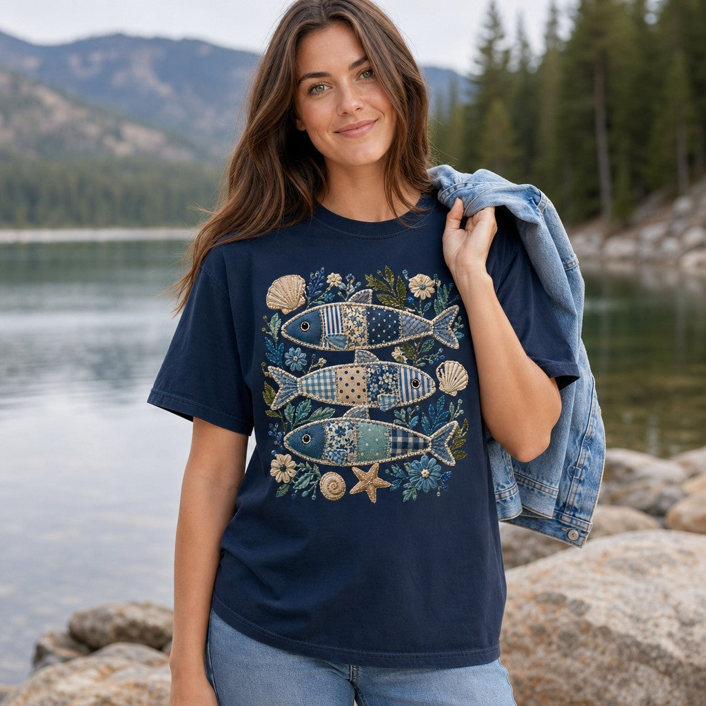 Woman wearing a navy Comfort Colors 1717 t-shirt featuring a cozy cottagecore and coastal design of three patchwork sardine fish surrounded by embroidered shells, flowers, and leafy sea botanicals, standing by a scenic mountain lake, ideal for artful nature lovers and creative women, by Crossroads Dandelion