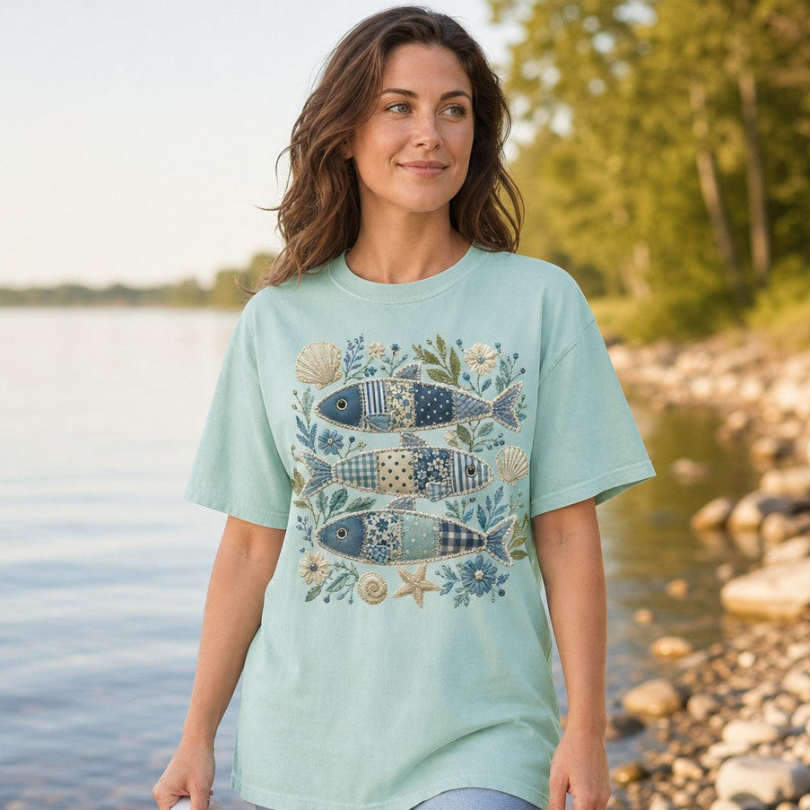 Woman wearing a chalky mint Comfort Colors 1717 t-shirt featuring a whimsical cottagecore and coastal design with three patchwork sardine fish, embroidered seashells, flowers, and sea botanicals, standing by a lakeside, artful nature lovers and creative souls, by Crossroads Dandelion