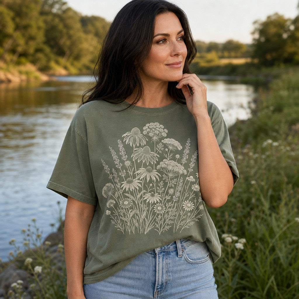 Woman wearing moss green Comfort Colors 1717 t-shirt featuring an intricate ink illustration of wildflowers including echinacea, chamomile, yarrow, and lavender in a vintage botanical cottagecore style, standing by a riverside, perfect for garden and nature lovers, by Crossroads Dandelion