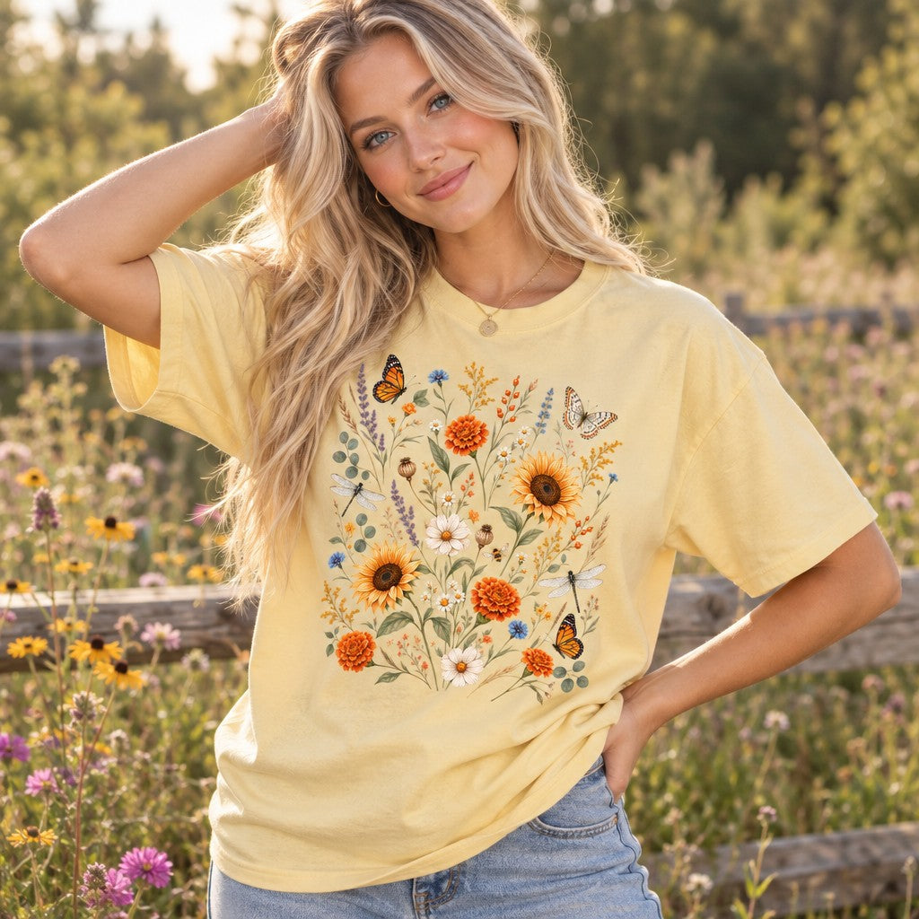 Woman wearing a butter yellow Comfort Colors 1717 t-shirt featuring a hand-painted vintage cottagecore wildflower meadow with sunflowers, marigolds, daisies, lavender, and illustrated butterflies in a soft watercolor palette, set in a sunny garden, perfect for botanical art enthusiasts, by Crossroads Dandelion