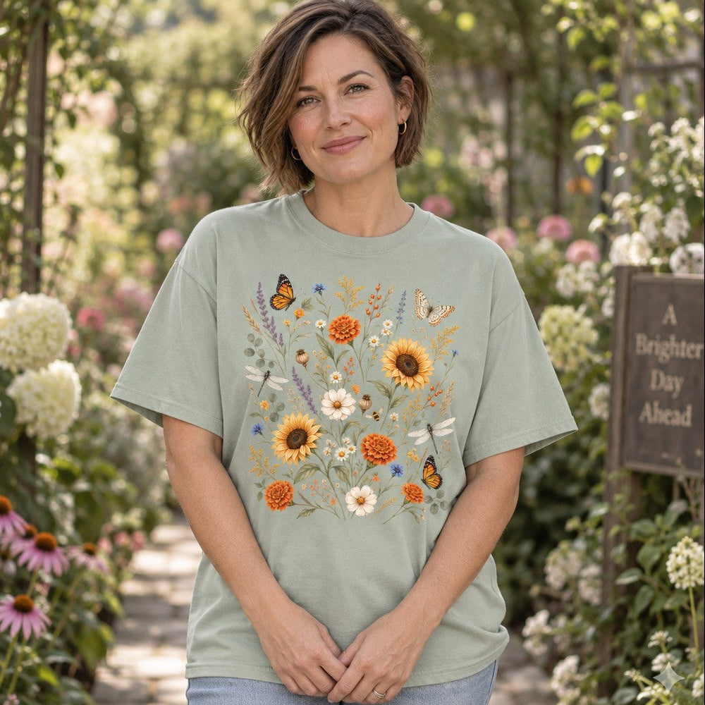 Woman wearing bay green Comfort Colors 1717 t-shirt featuring a hand-painted cottagecore watercolor wildflower meadow design with sunflowers, marigolds, daisies, lavender, butterflies, and dragonflies, perfect for botanical art and garden lovers, garden path background, by Crossroads Dandelion