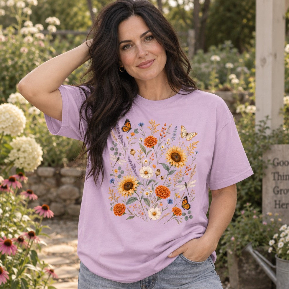 Woman wearing orchid Comfort Colors 1717 t-shirt with a cottagecore watercolor wildflower meadow design featuring sunflowers, marigolds, daisies, lavender, butterflies, and dragonflies, in a garden setting, botanical art for women, by Crossroads Dandelion