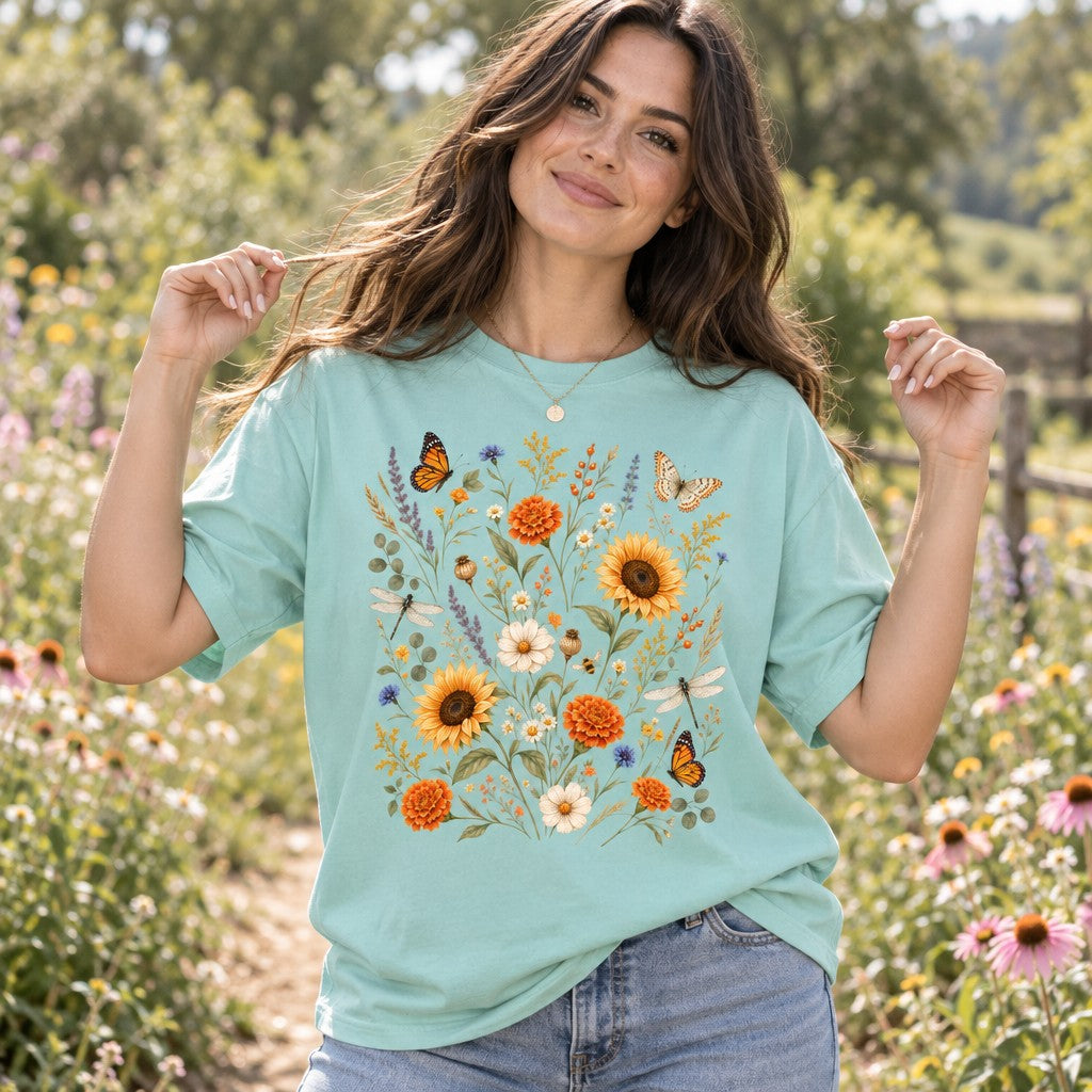 Woman wearing a chalky mint Comfort Colors 1717 t-shirt with a cottagecore watercolor wildflower meadow design featuring sunflowers, daisies, lavender, marigolds, butterflies, and dragonflies, outdoors in a blooming garden, botanical art lovers, by Crossroads Dandelion