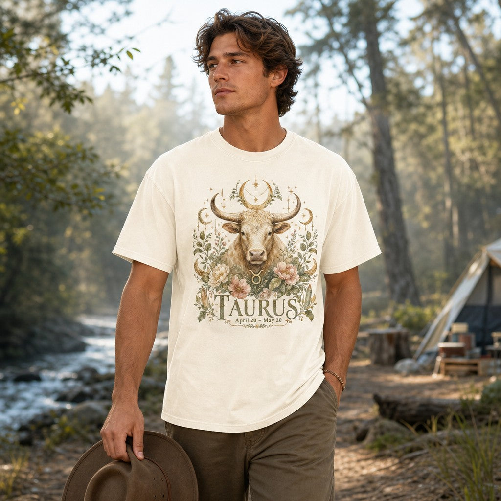 Man wearing an ivory Comfort Colors 1717 t-shirt with a boho Taurus bull design, adorned with golden crescent moons, lush florals, and celestial stars in a vintage mystical style, standing by a forest camp setting, ideal for astrology lovers and men, by Crossroads Dandelion