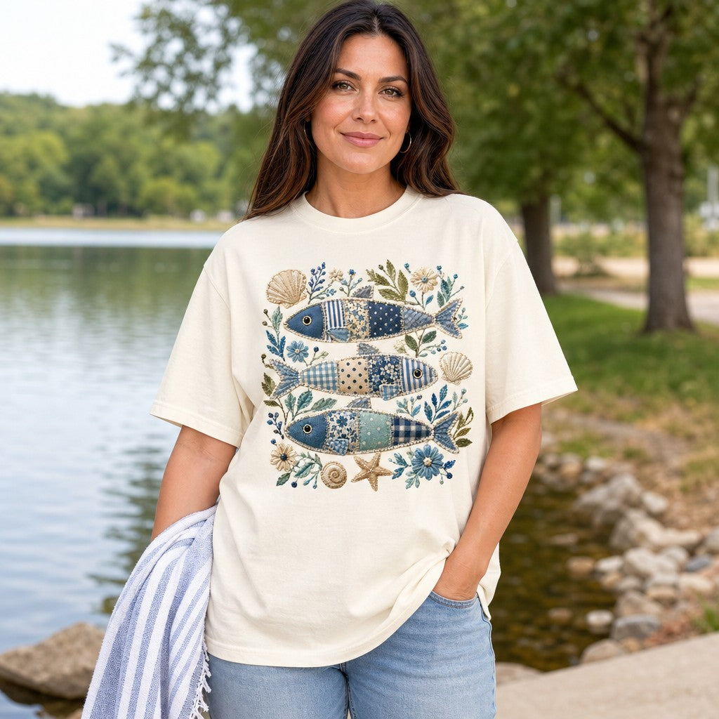 Woman wearing ivory Comfort Colors 1717 t-shirt with cottagecore coastal design featuring three patchwork sardine fish, vintage floral and botanical motifs, shells and leaves, by the lakeside, whimsical seaside tee for women and nature art lovers, by Crossroads Dandelion