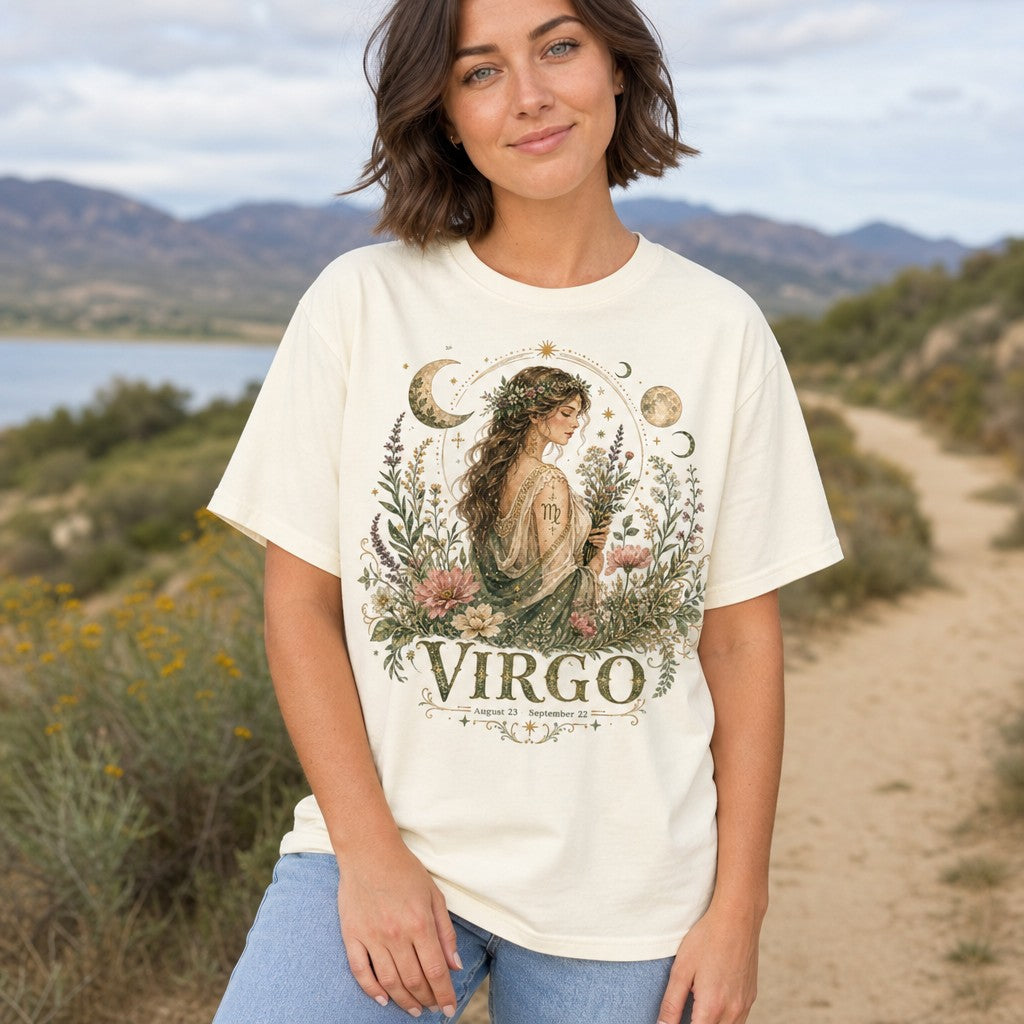 Woman wearing ivory Comfort Colors 1717 t-shirt with whimsical boho Virgo goddess design, featuring celestial moons, stars, wildflowers, and botanical motifs, perfect for astrology lovers in a peaceful nature setting, by Crossroads Dandelion