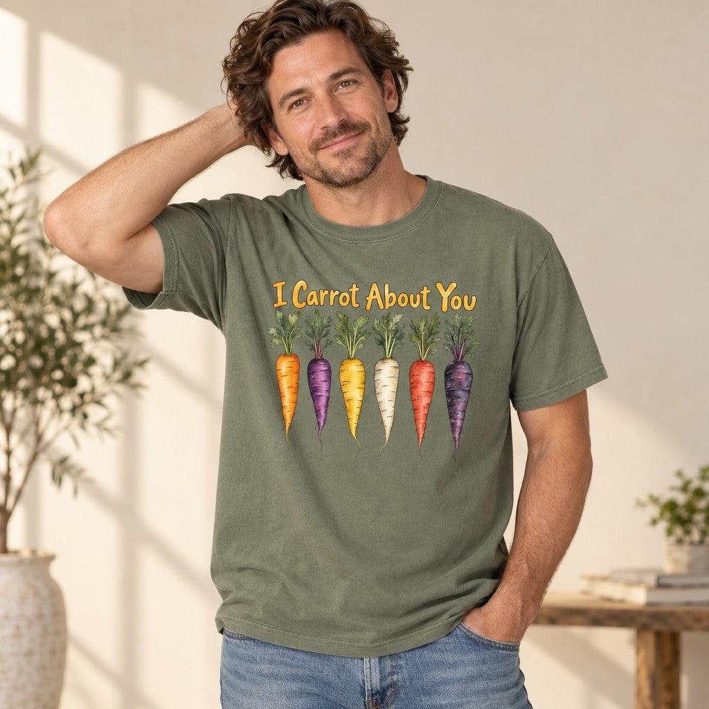 Man wearing a moss green Comfort Colors® 1717 t-shirt featuring six watercolor carrots in various colors and the phrase 'I Carrot About You' in playful yellow hand-lettering, whimsical garden harvest design, perfect for gardening enthusiasts and veggie lovers, by Crossroads Dandelion