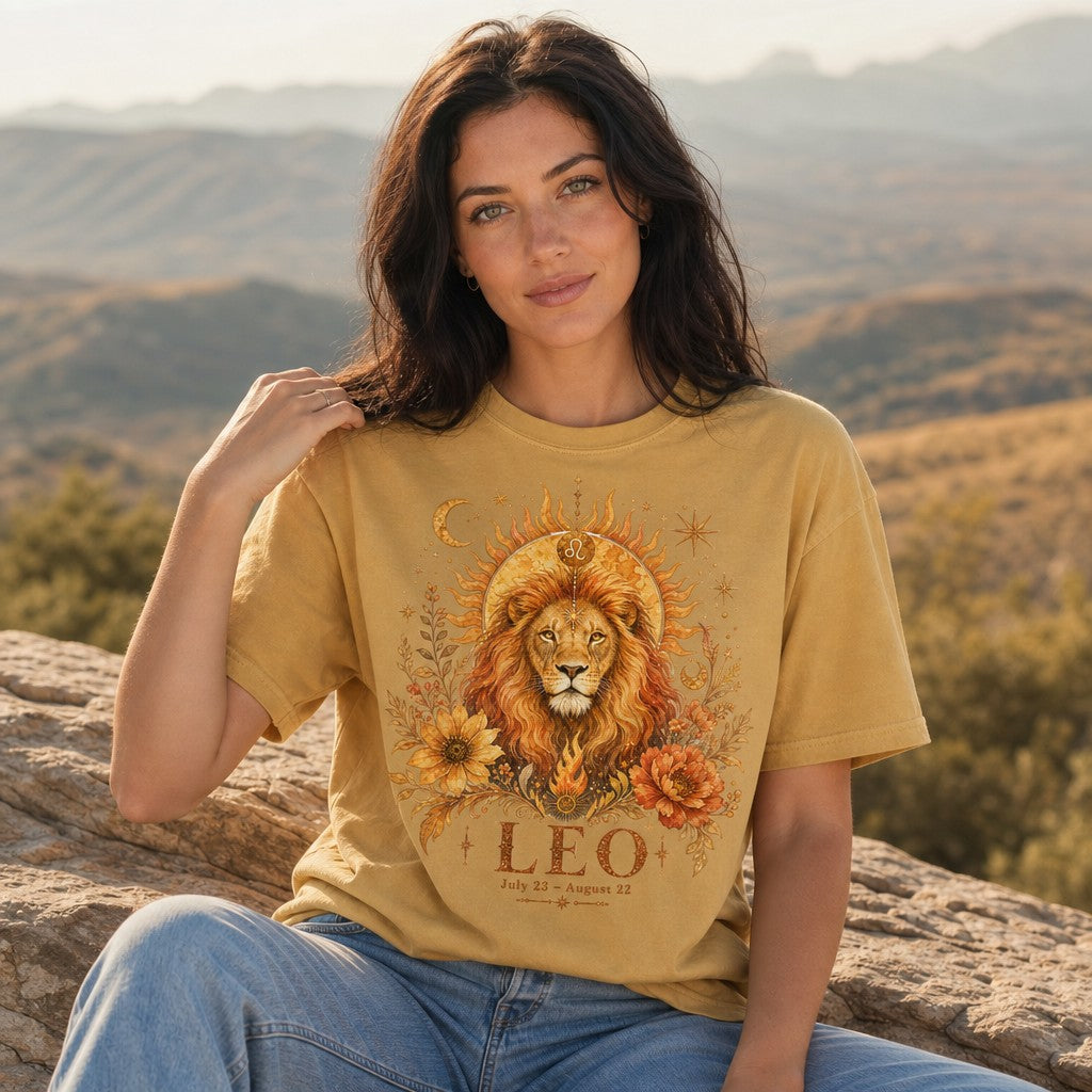 Woman wearing a mustard Comfort Colors 1717 t-shirt with a boho watercolor Leo design featuring a majestic lion crowned by a blazing sun, surrounded by stars, crescent moons, sunflowers, and peonies, outdoors on rocky terrain, perfect for astrology and nature lovers, by Crossroads Dandelion