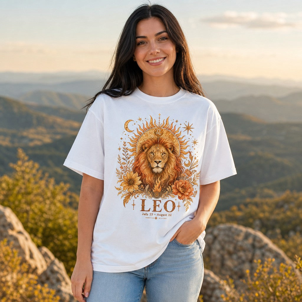 Woman wearing a white Comfort Colors 1717 t-shirt with a boho watercolor design of a majestic lion crowned by a blazing sun, Leo zodiac symbol, cosmic stars, crescent moons, sunflowers, and peonies, set outdoors on a mountain with warm natural scenery, astrology lovers, by Crossroads Dandelion