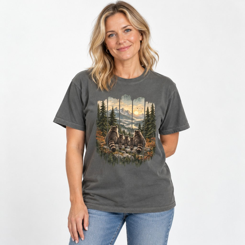 Woman wearing a pepper Comfort Colors® 1717 t-shirt with a rustic folk-art illustration of a raccoon family on a rocky outcrop overlooking an autumn mountain valley, sunrise, and evergreens in a woodcut pallet-art style, perfect for outdoor and nature lovers, by Crossroads Dandelion